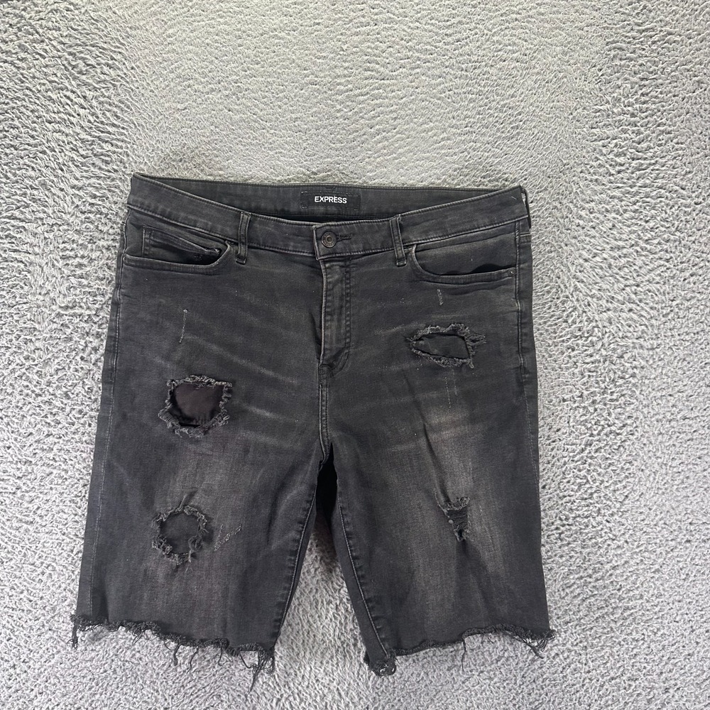 Express Shorts Mens 38 Black Cotton Denim Bermuda Slim Fit Distressed Frayed-Hem
